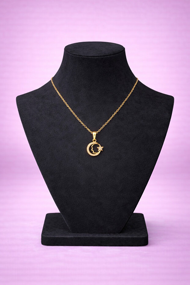 Gold Color Women's Necklace with Moon and Star Figures and Stones