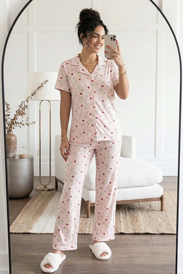 Women's Rabbit and Strawberry Patterned Shirt Collar Short Sleeve Bottom Long Cool-Keeping Milan Fabric Pajama Set