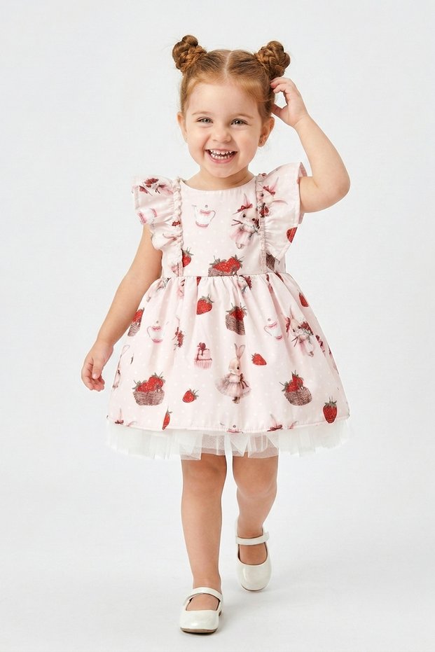 Baby Girl Birthday Party Wedding Dress Short Sleeve Ruched Tulle Lined Strawberry
