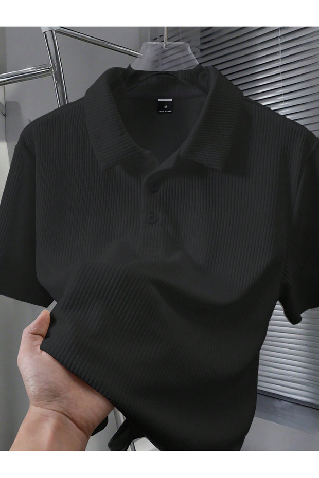 Black Men's Polo Collar Oversize Twill Fabric 100% Cotton Loose Cut Crew Neck a Quality