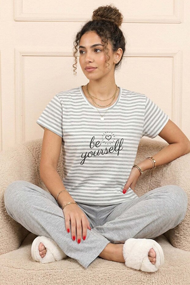 Women's Be Yourself Slogan and Six Pattern Combed Cotton Short Sleeve Pajamas Set