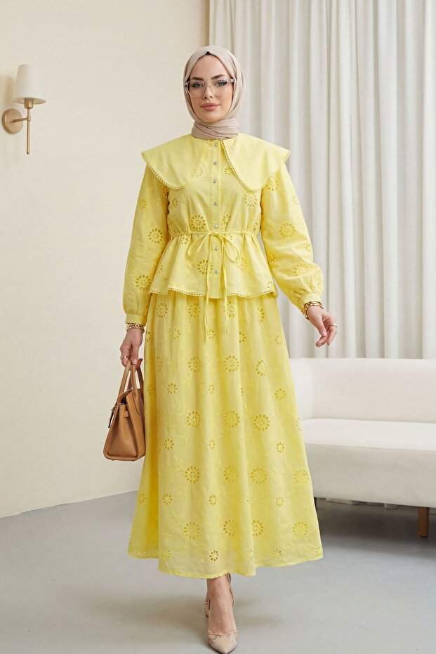 Baby Collar, Elastic Waist, Lace-Up, Embroidered, Lined, Linen Look Suit - Yellow