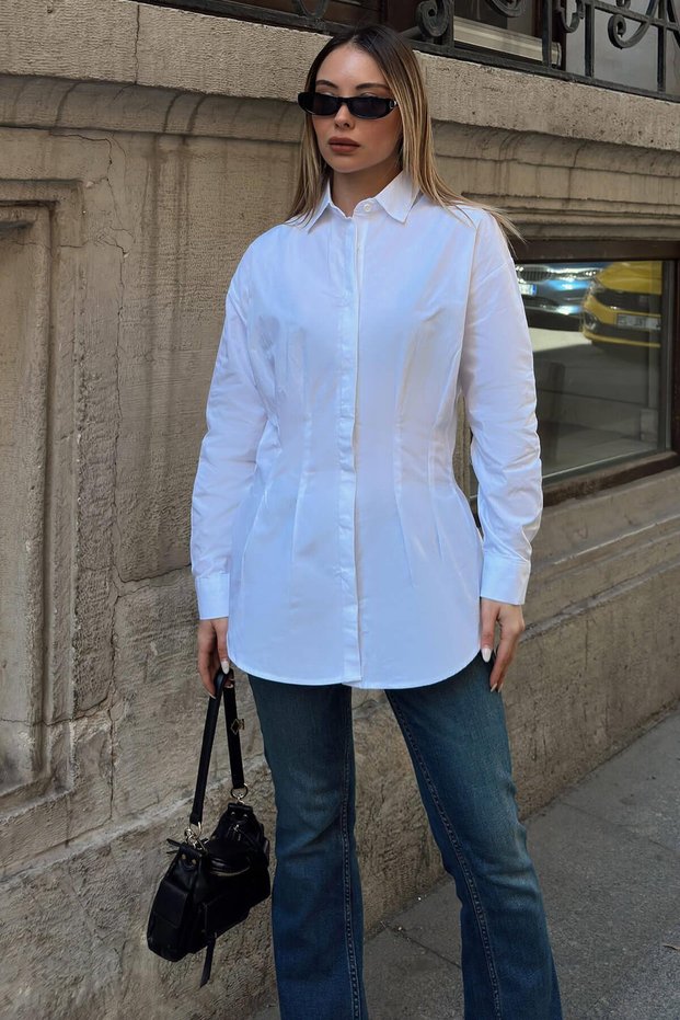 White Women's Poplin Shirt with Waist Detail and Pleated Detail