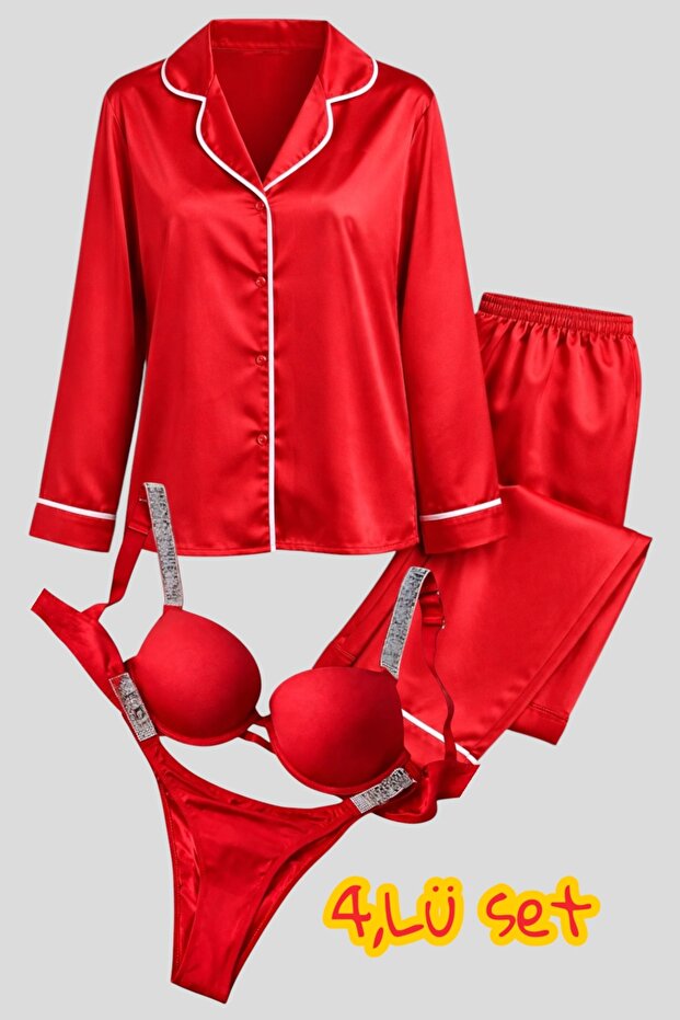 Vip Secret Long Sleeved Silky Satin Women's Pajama Set and Supported Stone Brimmed Bra Set