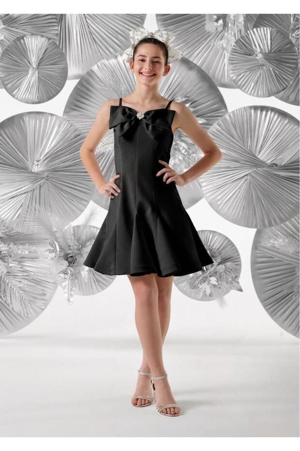 Graduation Dress Girls' Junior Girls' Strap Bow Detail Short Evening Dress Stylish Special Occasion Dress(Black&B