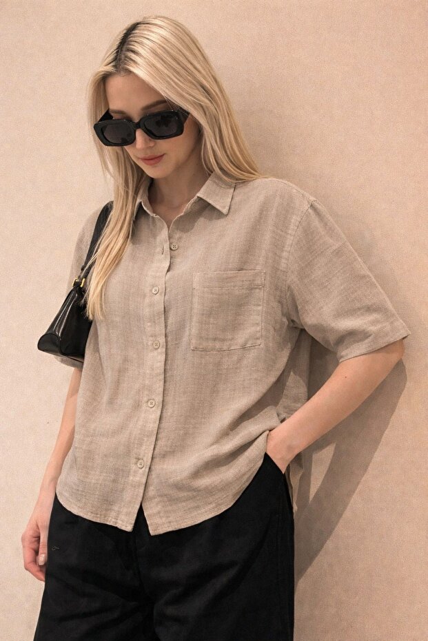 Muslin Fabric Short Sleeve Basic Women's Shirt