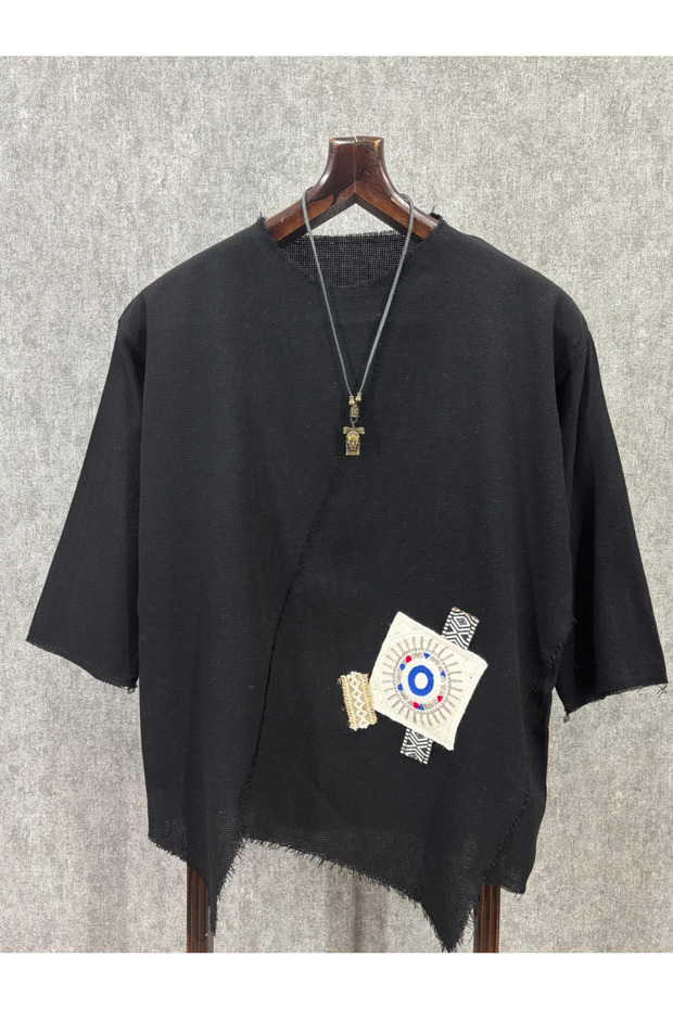 Super Oversize Asymmetrical Cut Dirty Stitching Bohemian Cotton Linen Black Tshirt