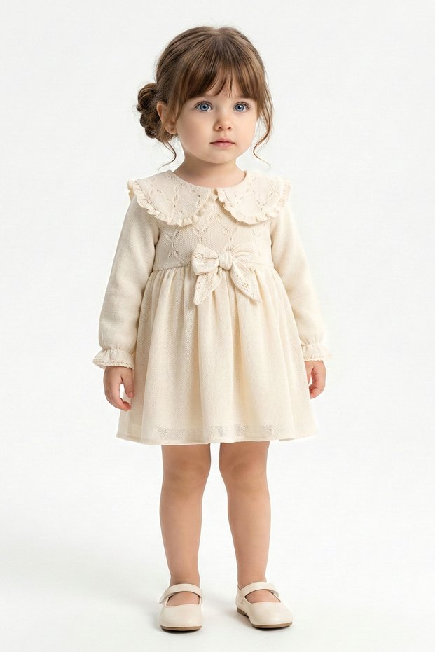 Baby Girl Dress Girls' Dress Birthday Party Wedding Special Occasion Collared Bow Long Sleeve Lined Dress