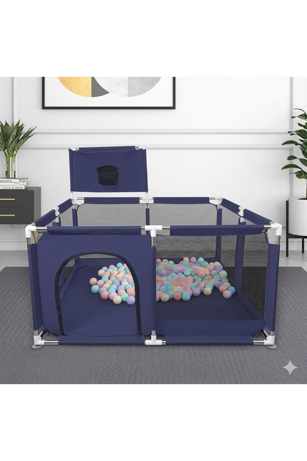 Square Shape Kids Playpen with Side Gate Navy Blue