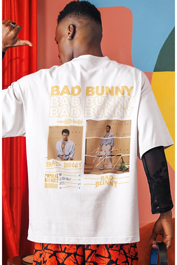 تي شيرت Bad Bunny Rapper Singer مطبوع من الخلف للجنسين مقاس كبير