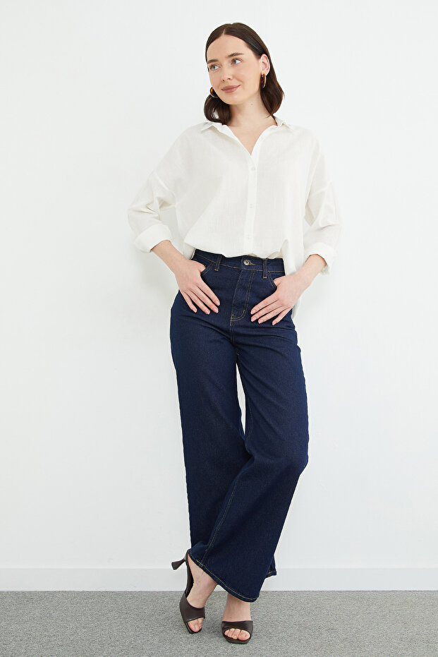 Cămașă oversize cu aspect de in, stil basic - 7