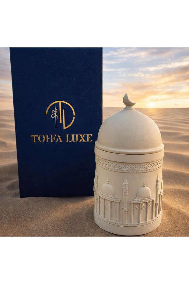 Athar Soy Wax Oud Candle & Incense Burner – Earth-Toned Beige Handcrafted Mosque-Inspired Design, 300 ml, Luxury 2-in-1 Ramadan Candle & Bakhoor Vessel (8.8 × 16.6 cm)