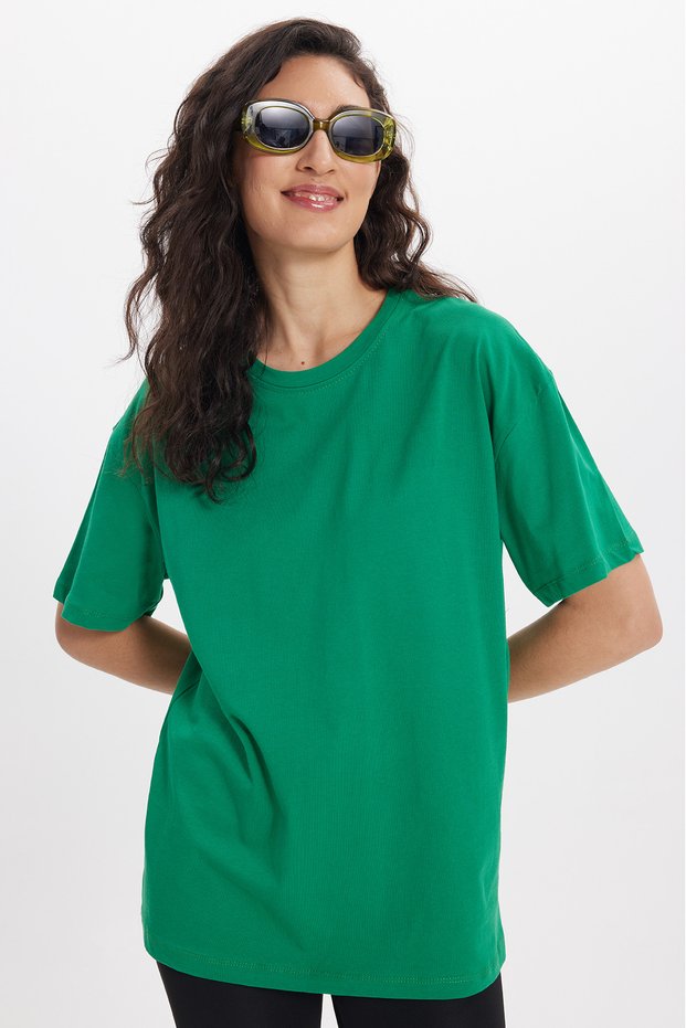 Women's Slim Fit 100% Cotton Short Sleeve Crew Neck Green T-Shirt Blouse