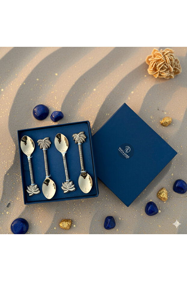 Palm Dessert Spoon Set – 4 Handcrafted Natural Brass Spoons, 15 cm Each, Palm Motif Handle, Gift-Ready Box, Elegant Tableware Accessory