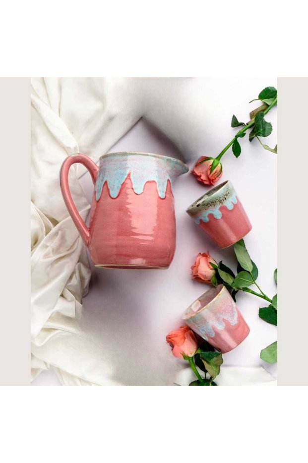 Seashell Ceramic Jug & 2 Glasses Set – Handcrafted Coastal Serveware, Lead-Free, Microwave & Dishwasher Safe, Jug 16 cm + Glasses 8 cm