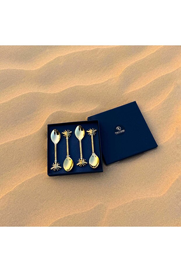 Bee Dessert Spoon Set – 4 Handcrafted Natural Brass Spoons, 15 cm Each, Bee-Inspired Design, Gift-Ready Box, Elegant Tableware Accessory