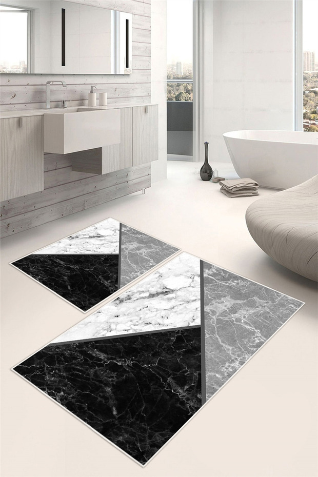 Modern Geometric Patterned Digital Print Pieces Washable 2 Pieces Bath Mat