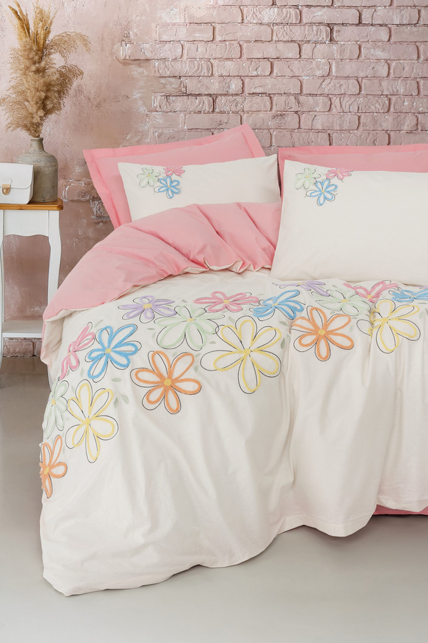 Puff Embroidered Double Duvet Cover Set Bellis Pink
