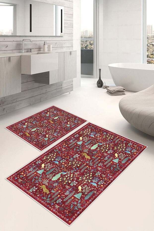 Modern Patterned Printed Non-Slip Base Set of 2 Bath Mats Toilet Set (50X60Cm-60X100Cm)