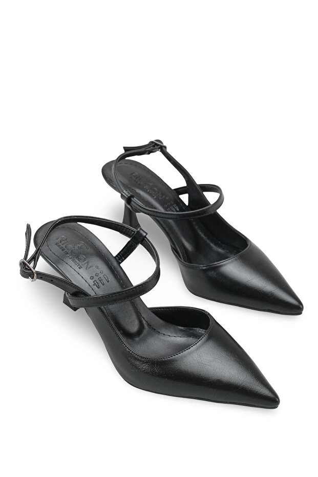 Elara Aria Women's Pointed Toe Open Back Thin Heeled Shoes 0012710 Black Rustic