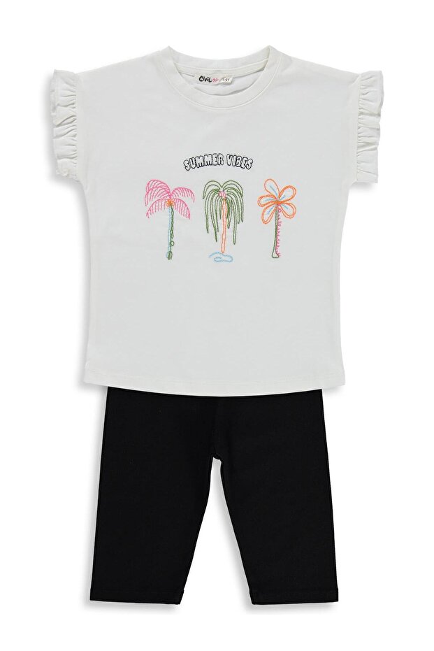 Palm Tree Embroidered 2-5 Years Old Set - Ecru