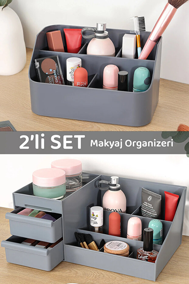 Set of 2 Makeup Organizer - Cosmetic Perfume Cream Jewelry Accessory Multi-Purpose Organizer Box Gray