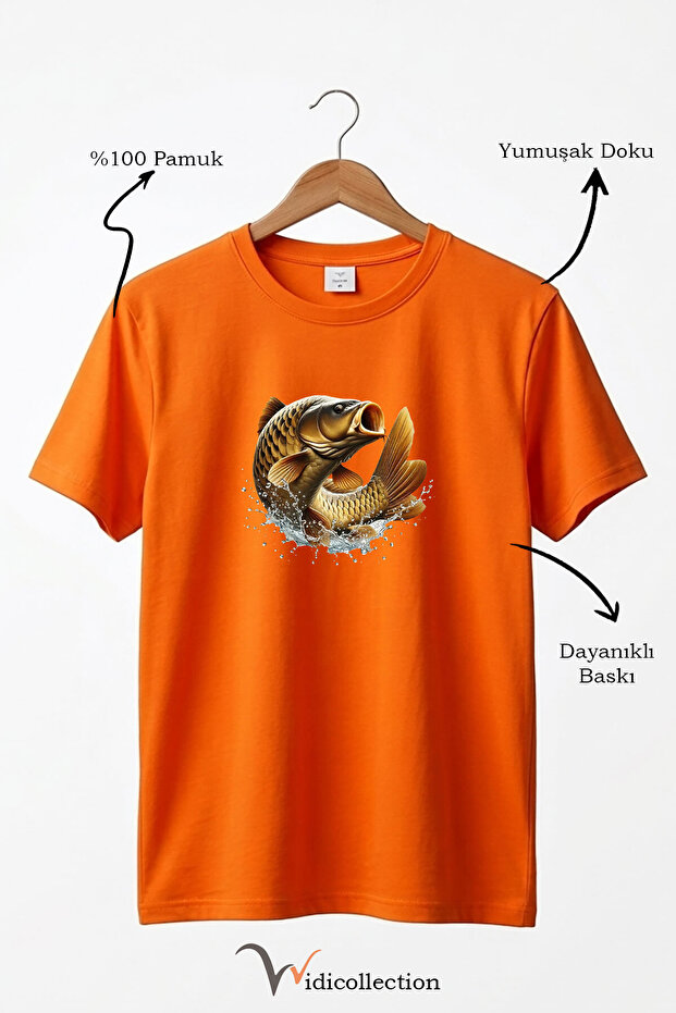 Unisex Fisherman Carp Fish Printed 100% Cotton Crew Neck Basic T-Shirt