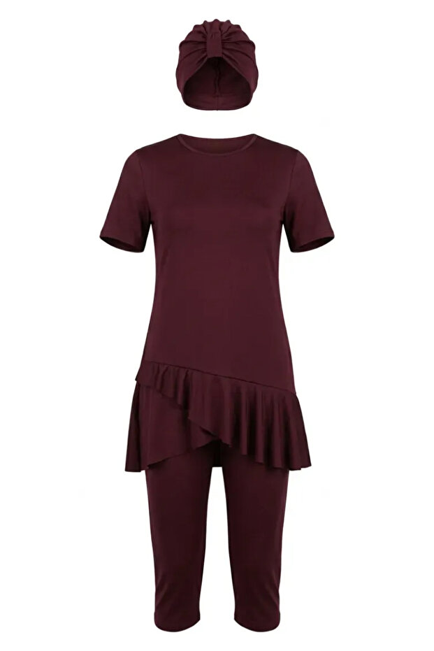 Ruffled Short Sleeve Pool Swimsuit 2611-09 Claret Red