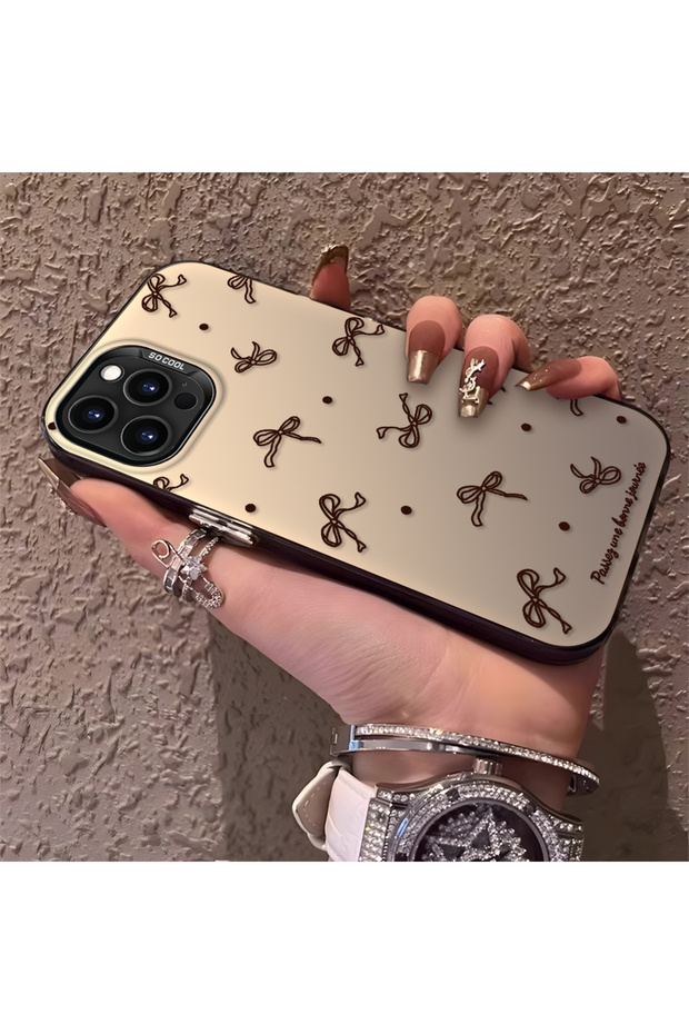 iPhone 15 Pro Compatible High-Quality Brown Bow and Dot Printed Case