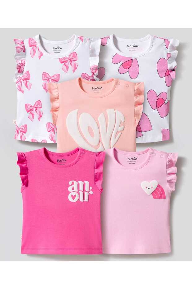 Flutter Sleeves Text & Heart Printed T-shirts (Pack of 5) - Multicolor