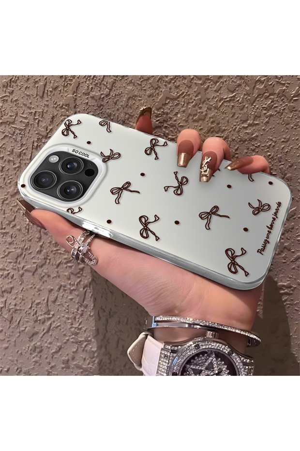 iPhone 16 Pro Max Compatible High-Quality Brown Bow and Dot Printed Case