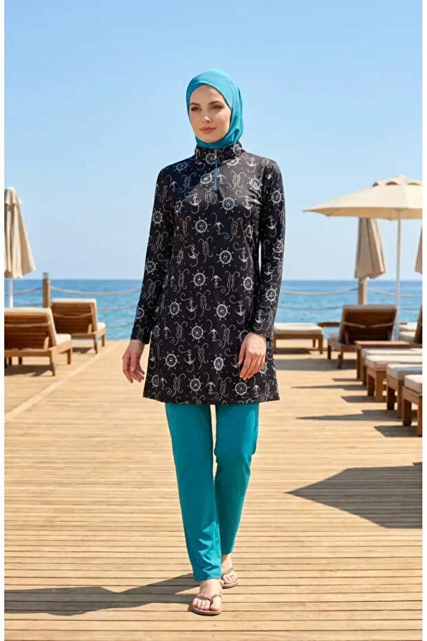 Anchor Patterned Half Zipper 4-Piece Set Hijab Swimsuit 2607-03 Black