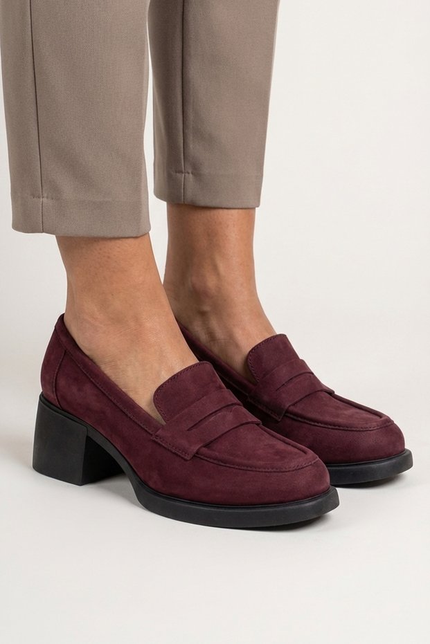 Burgundy Nubuck Genuine Leather Women's Heeled Loafer Shoes Women's Casual Heeled Loafer Shoes