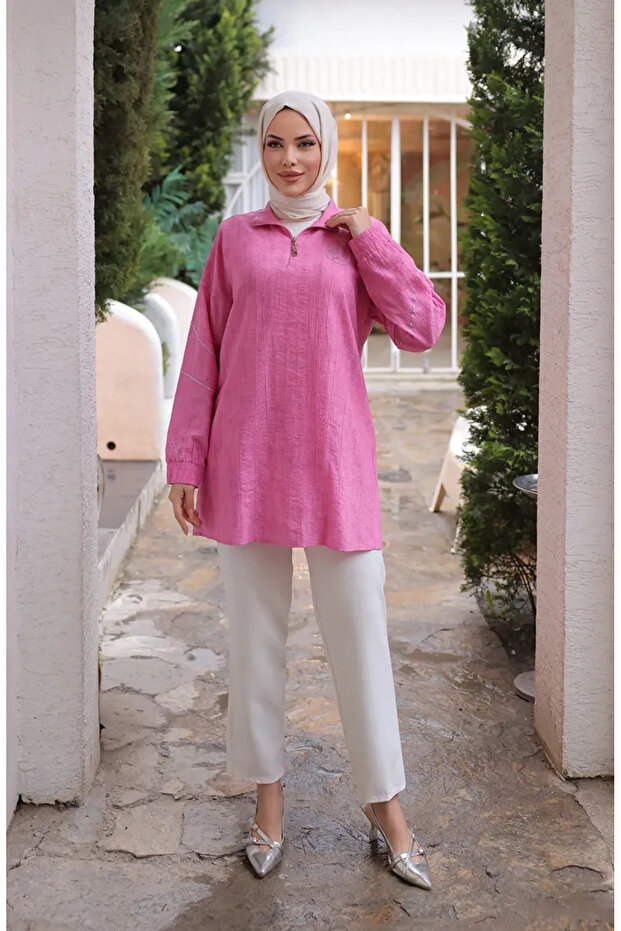 Stone Detailed Zippered Tunic 71245-05 Fuchsia