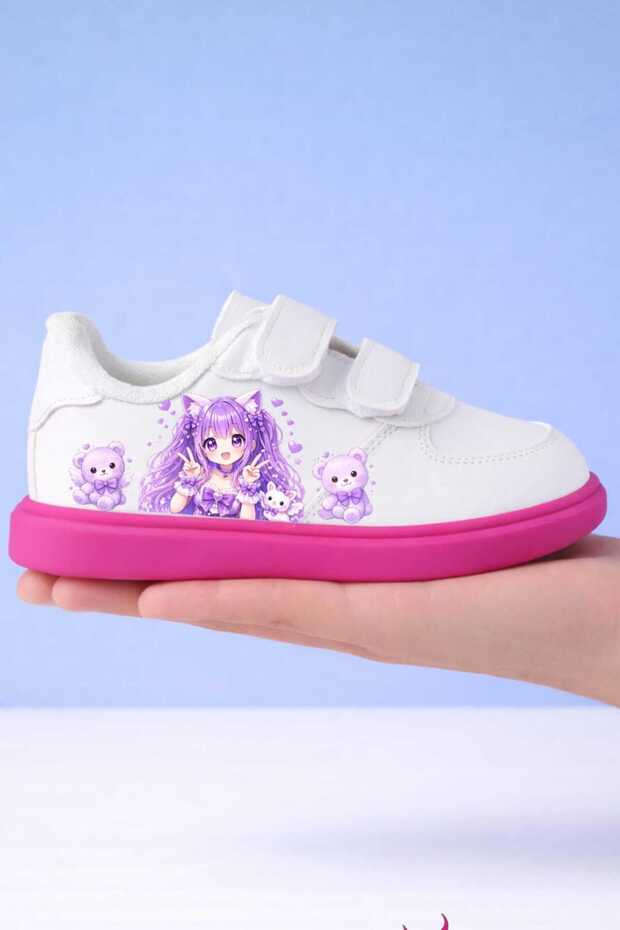 White Pink Anime Printed Girls' Sneakers with Sneaker Tape