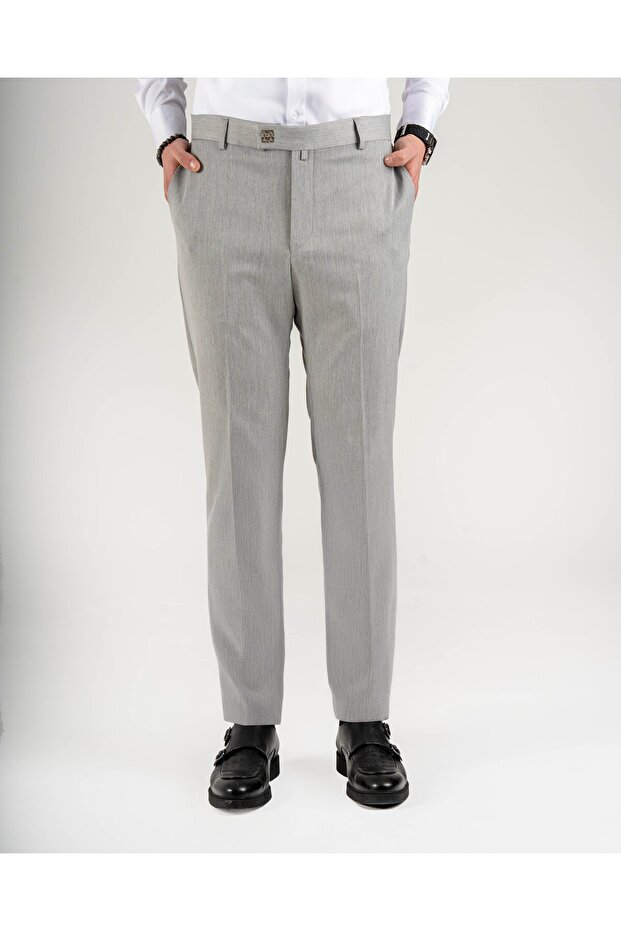 Slim Fit Patterned Metal Buttoned Trousers Gray T14924