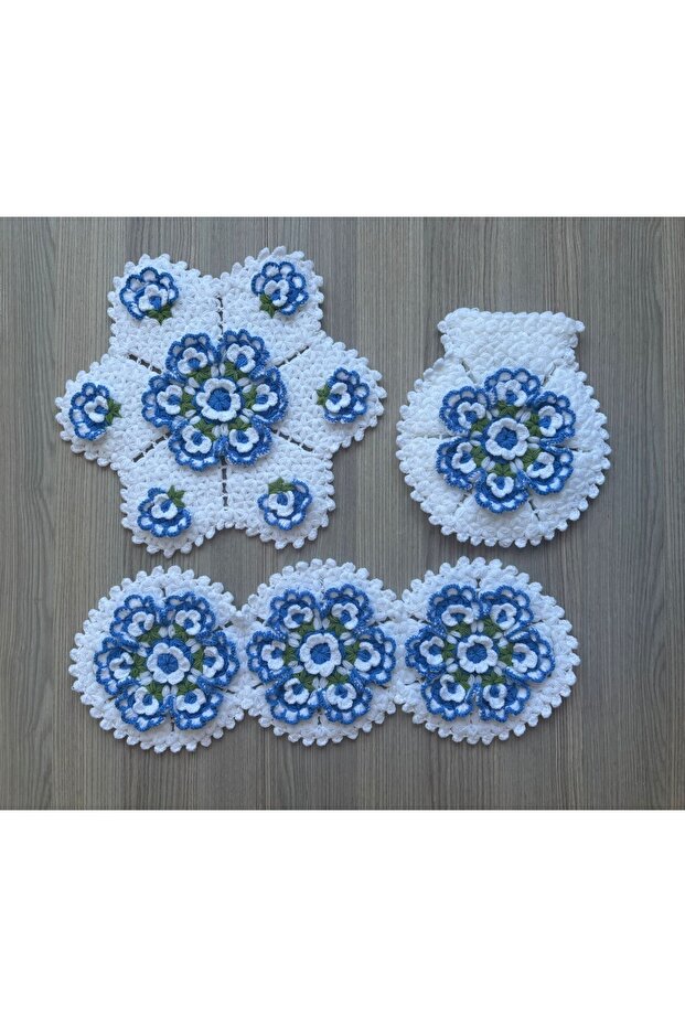 Handmade Floral Patterned Washcloth Set of 3 - Blue White