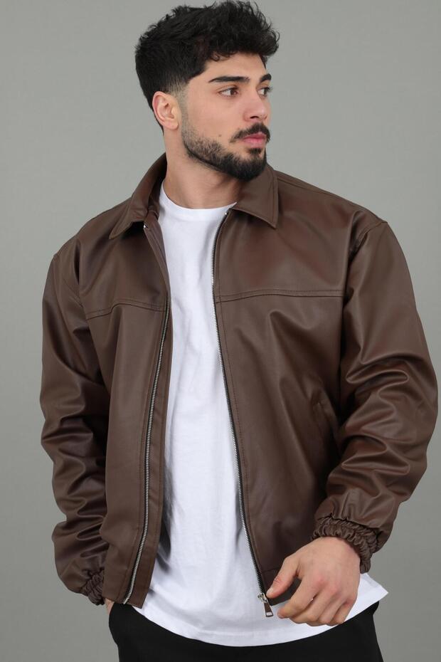 معطف جلد صناعي بياقة وخصر مطاطي 1787_50446