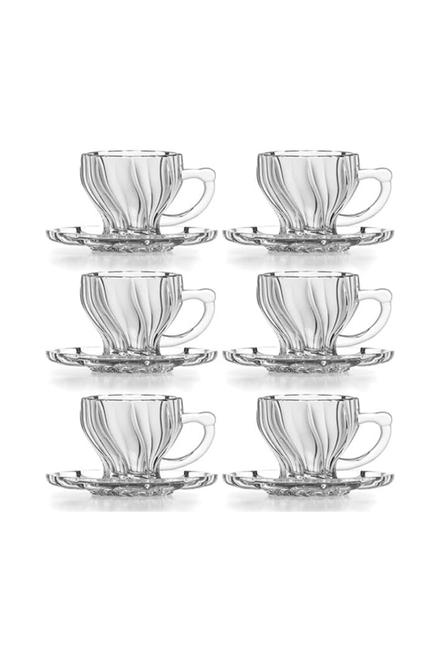 Glass Tea Cups with Saucers - 6 set - 210ml - Espresso Coffee, Turkish Tea Glass Set