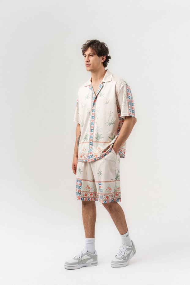 Coastal Patterned Short Sleeve Shirt and Elastic Waist Shorts Set