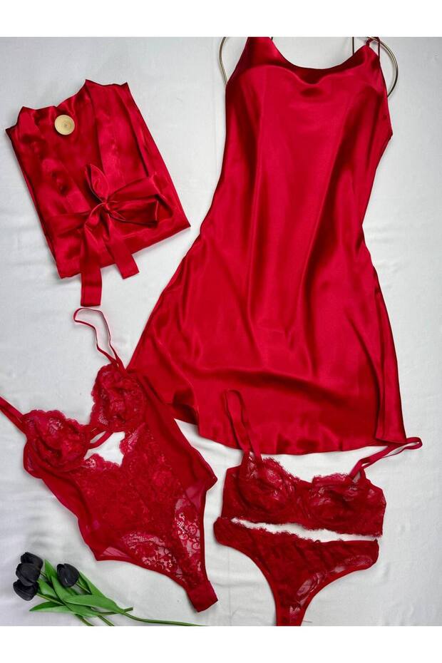 5-Piece Satin Nightgown, Dressing Gown, Lingerie Set, Bodysuit, Mini Dowry Set