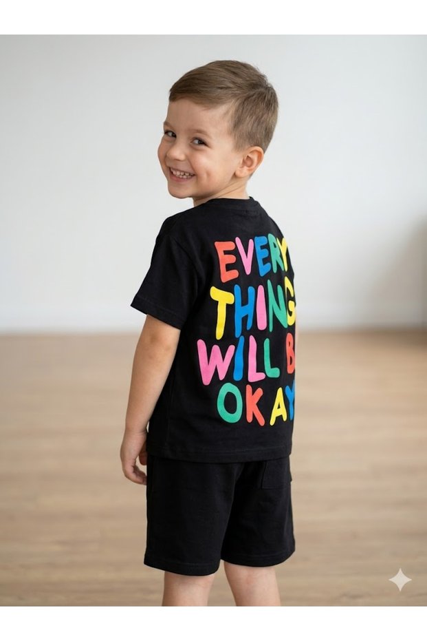 Boys' Black "Everything Will Be Okay" Slogan Printed Cotton Shorts T-Shirt Set