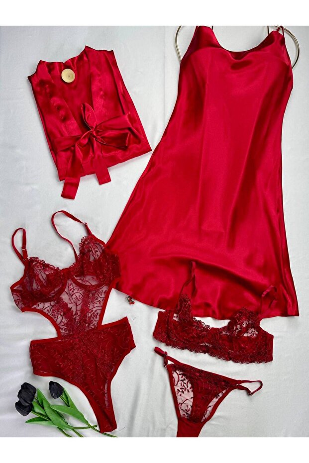 5-Piece Satin Nightgown, Dressing Gown, Lingerie Set, Bodysuit, Mini Dowry Set