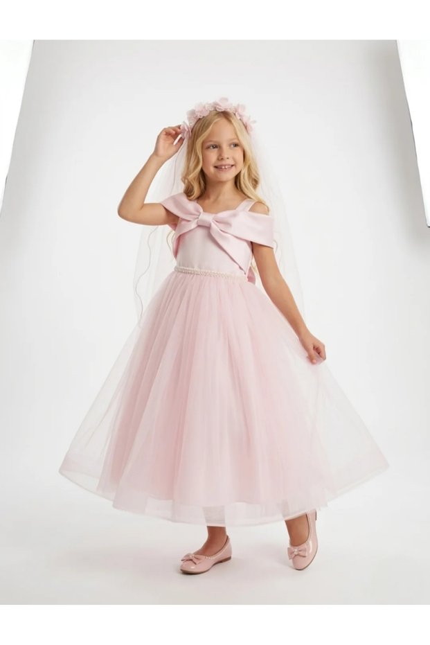 Girl's Bow Detailed Crowned Princess Long Evening Dress