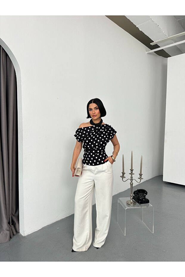 Polka Dot Boat Neck Women's Blouse White Black Stylish Draped Top