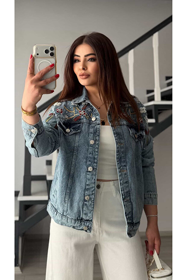 Blue Stone-Embroidered Denim Jacket