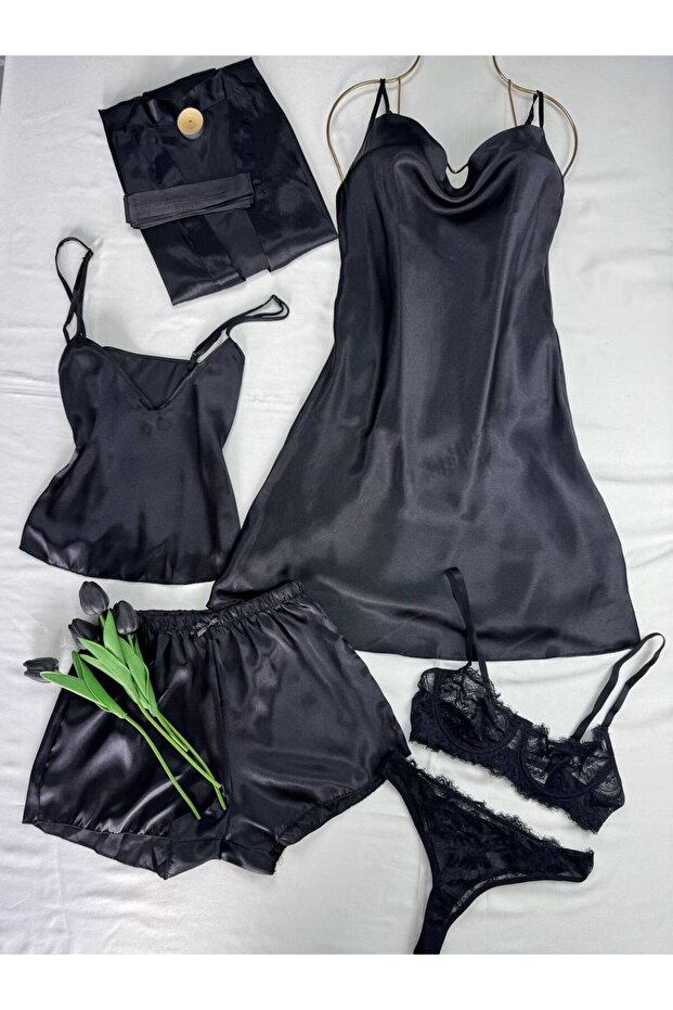 5-Piece Satin Dressing Gown Nightgown Pajamas Underwear Set Dowry Set
