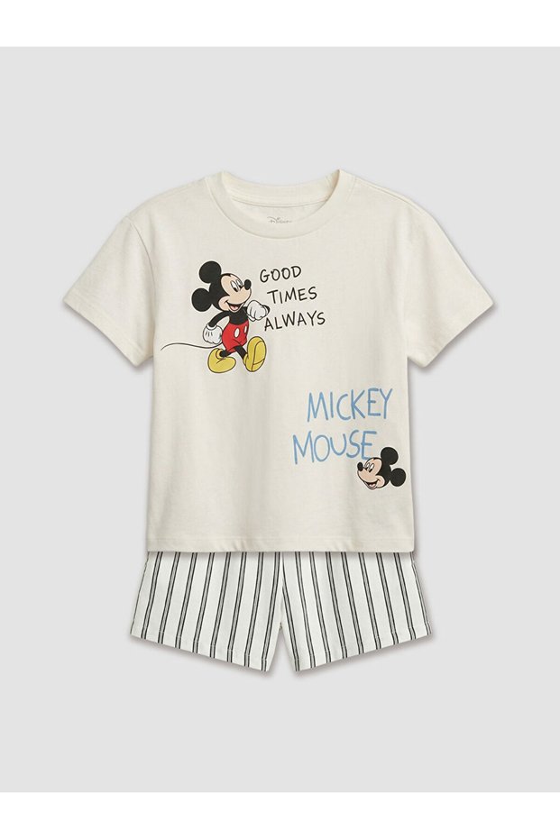 Lcw Baby Ecru Mickey Mouse Printed Baby Boy T-Shirt and Shorts