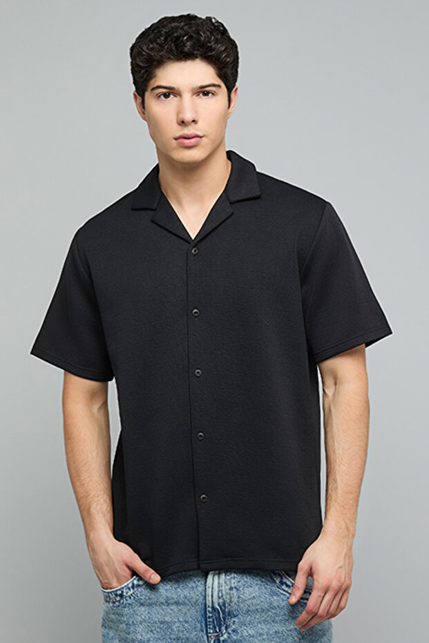 Textured Shirt with Revere Collar and Short Sleeves