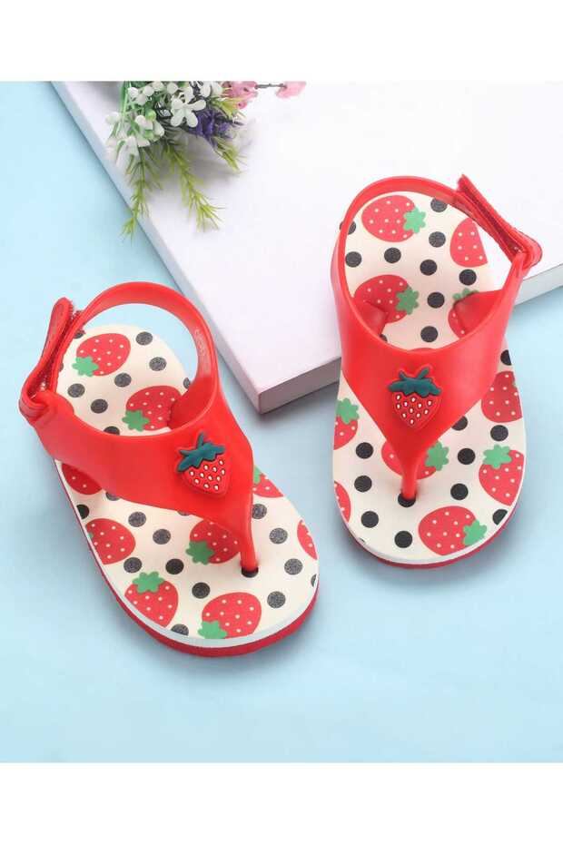 Velcro Closure Flip Flops with Strawberry Print - Red